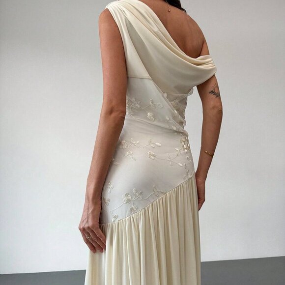 Apricot Elegant Women's Off Shoulder Mesh Floral Embroidered Maxi Dress - Picture 9 of 9